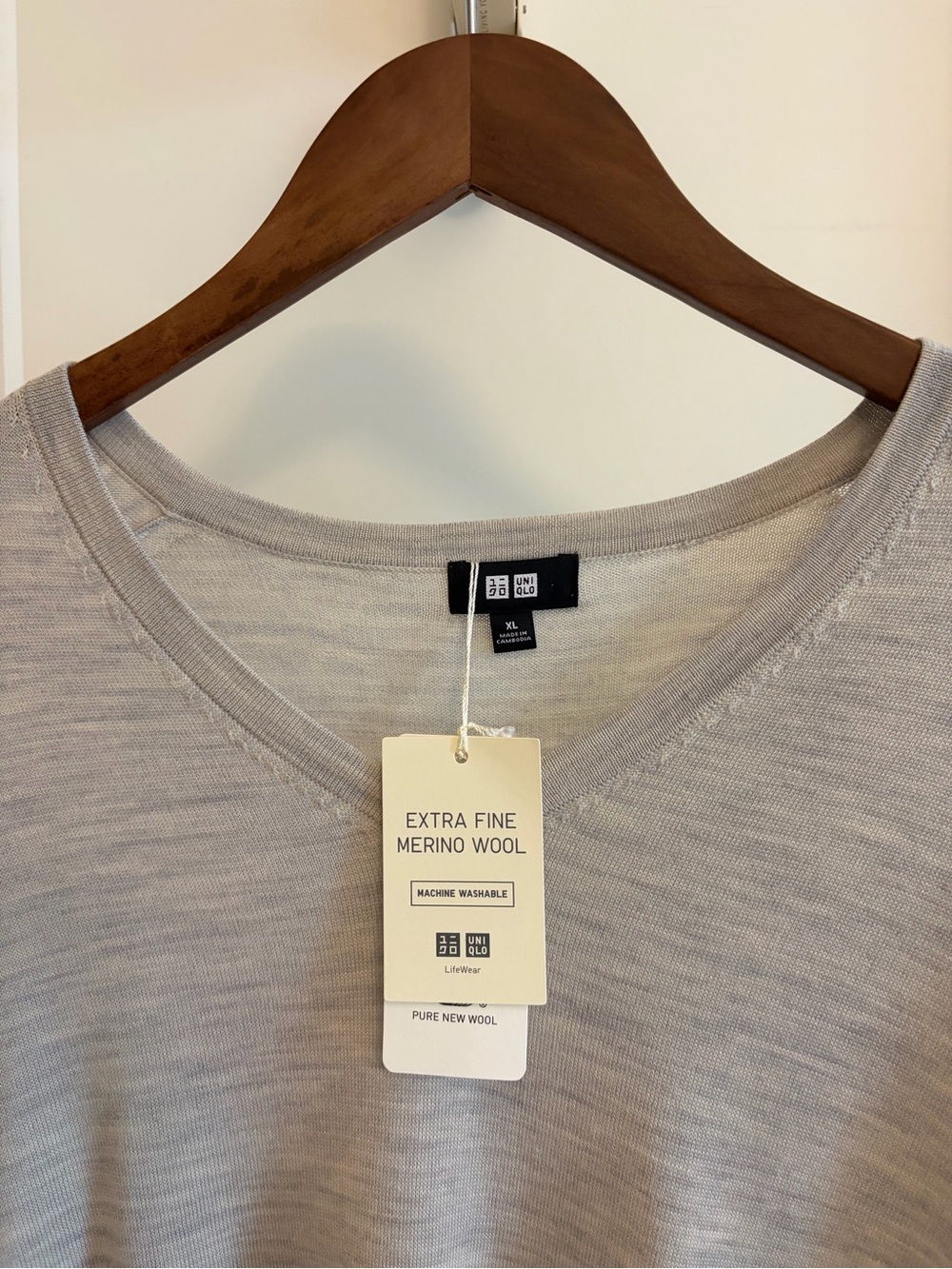 Uniqlo Light Gray Extra Fine Merino Wool V-Neck Sweater